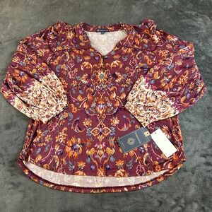 Democracy Floral Print Blouse Half Button Balloon Sleeve Top Purple Womens PS